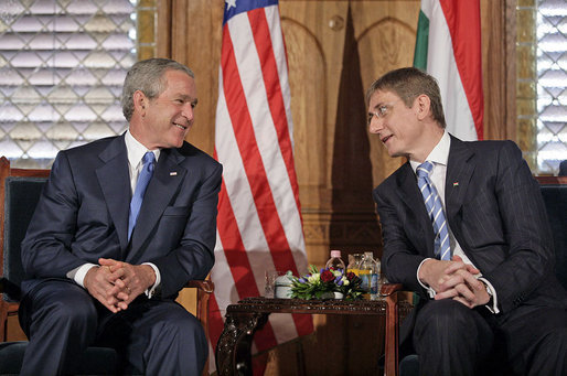 President George W. Bush meets with Hungarian Prime Minister Ferenc Gyurcsany at the Hungarian Parliament building in Budapest, Hungary, June 22, 2006. White House photo by Eric Draper