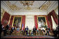 President George W. Bush meets with Hungarian President Laszlo Solyom at Sandor Palace in Budapest, Hungary, Thursday, June 22, 2006. Also pictured, from left, are: U.S. Ambassador George Walker; Secretary of State Condoleezza Rice; Hungarian Minister of Foreign Affairs Kinga Goncz; and Hungarian Ambassador Andras Simonyi. White House photo by Eric Draper