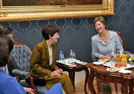 Mrs. Laura Bush attends a tea hosted by Hungarian First Lady Erzsebet Solyom at Sandor Palace in Budapest, Hungary, Thursday, June 22, 2006. White House photo by Shealah Craighead