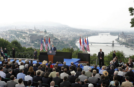 President George W. Bush speaks from Gellert Hill in Budapest, Hungary, Thursday, June 22, 2006. "From this spot you could see tens of thousands of students and workers and other Hungarians marching through the streets," said President Bush in his remarks about the 1956 Hungarian uprising. "They called for an end to dictatorship, to censorship, and to the secret police. They called for free elections, a free press, and the release of political prisoners. These Hungarian patriots tore down the statue of Josef Stalin, and defied an empire to proclaim their liberty." White House photo by Paul Morse