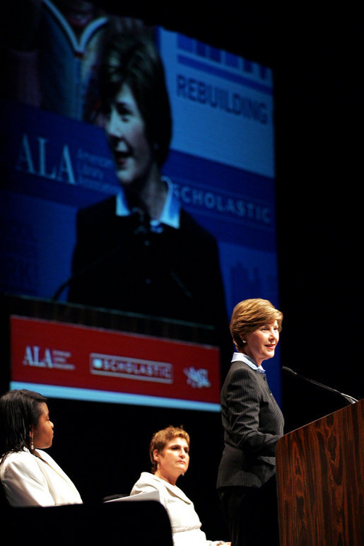 Mrs. Laura Bush flanked by Caitlyn Clarke, left, and Leslie Berger, ALA president-elect, Monday, June 26, 2006, announced that the Institute of Museum and Library Services’ Librarians for the 21st Century Program is awarding more than $20 million to support almost 3,900 library-science students at 35 universities, during the 2006 American Library Association Conference in New Orleans, Louisiana. White House photo by Shealah Craighead