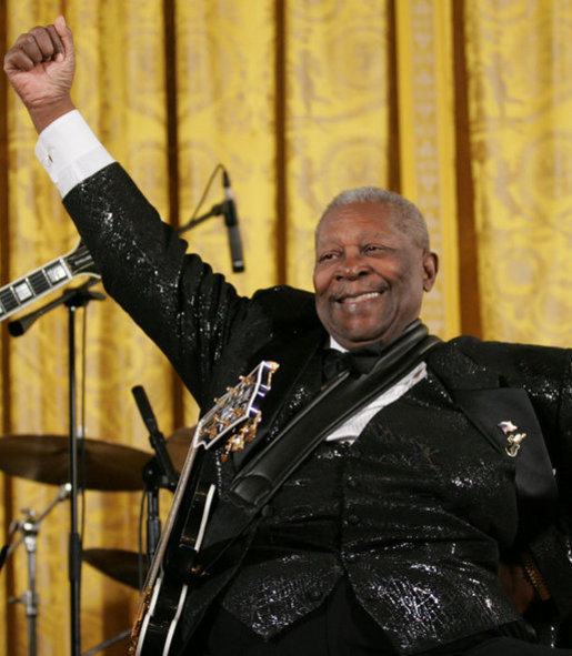 Legendary Blues guitarist B.B. King gestures at the end of his performance in the East Room of the White House Monday, June 26, 2006, as part of the Black Music Month celebration focusing on the music of the Gulf Coast: Blues, Jazz and Soul. White House photo by Eric Draper