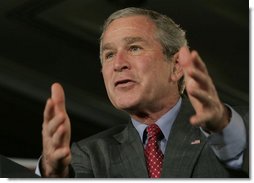 President George W. Bush gestures as he addresses an audience Tuesday, June 27, 2006 in Washington, calling on the U.S. Senate and members of the House of Representatives to quickly pass proposed Line-Item Veto legislation.  White House photo by Paul Morse