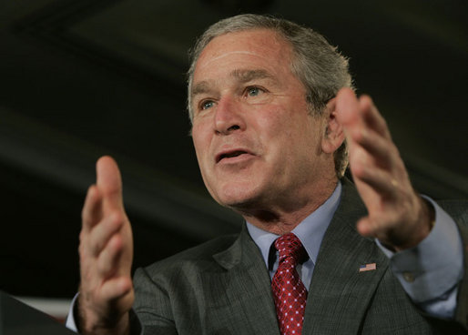 President George W. Bush gestures as he addresses an audience Tuesday, June 27, 2006 in Washington, calling on the U.S. Senate and members of the House of Representatives to quickly pass proposed Line-Item Veto legislation. White House photo by Paul Morse