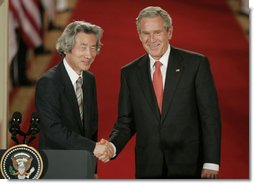 President George W. Bush shakes hands with Japan’s Prime Minister Junichiro Koizumi at the conclusion of their joint press availability Thursday, June 29, 2006, in the East Room of the White House. White House photo by Paul Morse