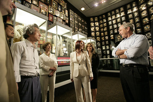 President George W. Bush, Laura Bush and Japanese Prime Minister Junichiro Koizumi are given a tour of Graceland, the home of Elvis Presley, by his former wife Priscilla Presley and their daughter Lisa-Marie Presley, Friday, June 30, 2006 in Memphis. White House photo by Eric Draper
