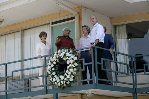 President George W. Bush, Mrs.Laura Bush and Japanese Prime Minister Junichiro Koizumi stand with Dr. Benjamin Hooks, Memphis resident and former director of the NAACP, as they tour the balcony-walkway of the Lorraine Motel in Memphis Friday, June 30, 2006, site of the 1968 assassination of civil rights leader Dr. Martin Luther King, Jr., which is now the National Civil Rights Museum. White House photo by Eric Draper
