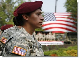 A U.S. Army Airborne soldier listens to President George W. Bush address troops and their family members Tuesday, July 4, 2006, during an Independence Day celebration at Fort Bragg in North Carolina. White House photo by Paul Morse