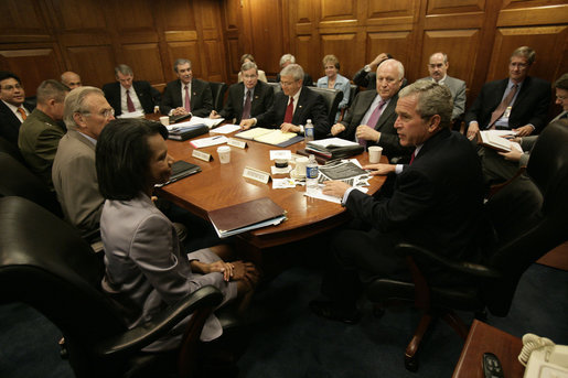 President George W. Bush meets with the National Security Council Wednesday, July 5, 2006, in the Situation Room at the White House to discuss the second report of the Commission for Assistance to a Free Cuba. White House photo by Eric Draper