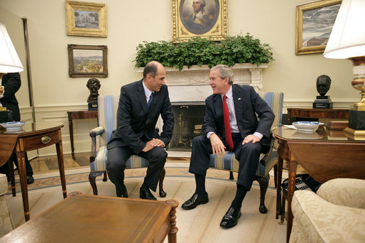 President George W. Bush meets with Prime Minister Janez Jansa of Slovenia in the Oval Office Monday, July 10, 2006. "I really appreciate the fact that you have made the courageous decision to help two young democracies, Afghanistan and Iraq, succeed. Your contributions in Afghanistan and Iraq will make a difference in achieving peace. And so thank you for that very much," said the President in his remarks to the press." White House photo by Eric Draper