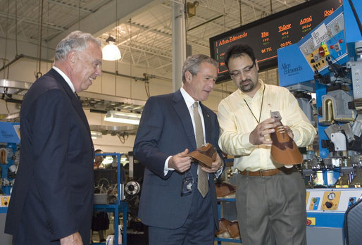 President George W. Bush watches how a shoe heel is formed at the Allen-Edmonds Shoe Corporation in Port Washington, Wis., Tuesday, July 11, 2006. After touring the company, President Bush addressed the press, "So the tax cuts we passed have helped this company. It made a lot of sense. They've also helped our country. This economy of ours is growing. The unemployment rate is 4.6 percent nationally." White House photo by Kimberlee Hewitt