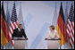 President George W. Bush and Chancellor Angela Merkel hold a joint press conference in Stralsund, Germany, Thursday, July 13, 2006. "We had a good discussion -- it's more than a discussion, it's really a strategy session, is the way I'd like to describe it," said President Bush. "We talked about a lot of subjects. We talked about the Middle East and Iran, and I briefed the Chancellor on North Korea. We talked about Iraq and Afghanistan, as well." White House photo by Paul Morse