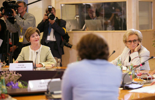 Mrs. Laura Bush and Bernadette Chirac, wife of French President Jacques Chirac participate in a meeting with other spouses of G8 leaders during the G8 Summit at Konstantinvosky Palace in Strelna, Russia, Sunday, July 16, 2006. White House photo by Shealah Craighead