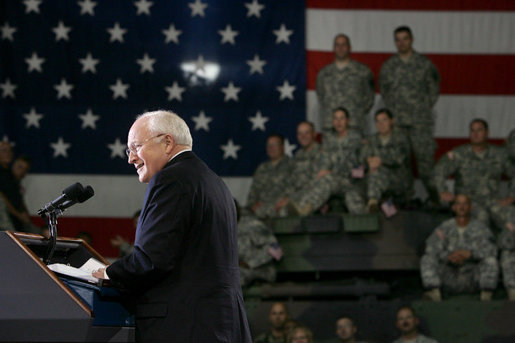Vice President Dick Cheney addresses troops and families from the Iowa Air and Army National Guard, Monday, July 17, 2006, at Camp Dodge in Johnston, Iowa. During his remarks the Vice President thanked the troops for their efforts in the global war on terror. Approximately 7,500 soldiers from the Iowa Army and Air National Guard have served in Iraq and Afghanistan. White House photo by David Bohrer