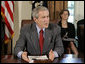 President George W. Bush answers a reporter's question Tuesday, July 18. 2006, in the Cabinet Room at the White House, about ongoing events in the Middle East, during President Bush's meeting with bipartisan members of Congress about his trip to the G8 Summit. White House photo by Kimberlee Hewitt
