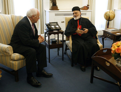 Vice President Dick Cheney meets with Lebanese Maronite Patriarch Cardinal Sfeir, Tuesday, July 18, 2006 in the West Wing at the White House. During the meeting the Vice President and the Patriarch discussed the situation in Lebanon. Patriarch Sfeir was concluding a tour of the United States before returning to the Middle East. White House photo by Paul Morse
