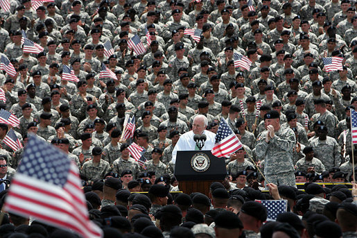 Vice President Dick Cheney addresses over 10,000 troops from the Army’s 3rd Infantry Division and the Georgia National Guard’s 48th Brigade Combat Team, Friday, July 21, 2006 at Fort Stewart, Ga. The Vice President thanked the soldiers for their service in Iraq during Operation Iraqi Freedom. White House photo by David Bohrer