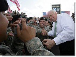 Vice President Dick Cheney shakes hands and poses for photographs with soldiers from the Army’s 3rd Infantry Division during a rally at Fort Stewart, Ga., Friday, July 21, 2006. White House photo by David Bohrer