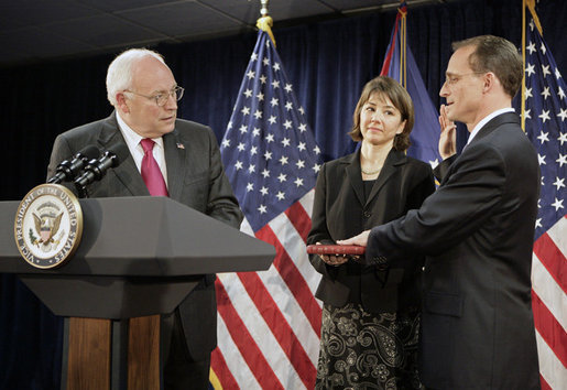 Vice President Dick Cheney swears in Steven Preston as the Administrator of the Small Business Administration during a ceremony at the Offices of the Small Business Administration in Washington, D.C., Wednesday, July 26, 2006. Preston’s wife, Molly, holds the Bible. White House photo by Kimberlee Hewitt