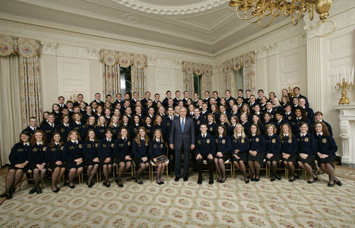 President George W. Bush poses with members of the National FFA Organization State Presidents’ Conference Thursday, July 27, 2006, in the State Dining Room of the White House. The National FFA is a youth organization founded in 1928 that prepares high school students for leadership, personal growth and successful careers through agricultural education. White House photo by Eric Draper