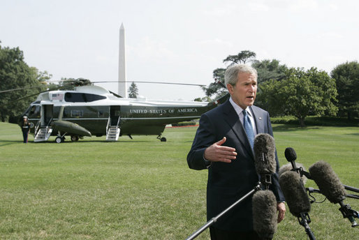 President George W. Bush addresses reporters on the South Lawn of the White House Sunday, July 30, 2006, saying America will work together with members of the United Nations Security Council to develop a solution that will bring a sustainable peace to the conflict in Lebanon. White House photo by Paul Morse