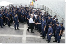 President George W. Bush meets with the crew of the U.S. Coast Guard vessel "Valiant" during his visit to the Integrated Support Command at the Port of Miami Monday, July 31, 2006. White House photo by Kimberlee Hewitt