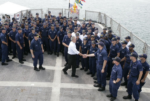 President George W. Bush meets with the crew of the U.S. Coast Guard vessel "Valiant" during his visit to the Integrated Support Command at the Port of Miami Monday, July 31, 2006. White House photo by Kimberlee Hewitt