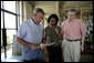 President George W. Bush meets with Secretary of State Condoleezza Rice and National Security Advisor Stephen Hadley at the Bush Ranch to discuss the Middle East, Saturday, Aug. 5, 2006.  White House photo by Eric Draper