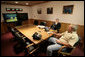 President George W. Bush and National Security Advisor Stephen Hadley participate in a teleconference with Prime Minister Tony Blair of the United Kingdom, Sunday morning, Aug. 6, 2006 at the Bush Ranch in Crawford, Texas. White House photo by Eric Draper