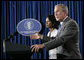 President George W. Bush is joined by Secretary of State Condoleezza Rice as he delivers a statement Monday, Aug. 7, 2006, on the Middle East crisis during a news conference in Crawford, Texas.  White House photo by Eric Draper