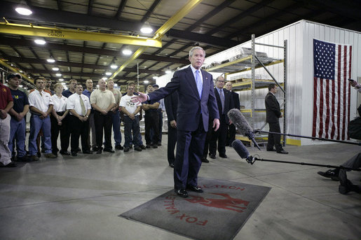 President George W. Bush praised small businesses in America as being vital to the economic growth of the country Thursday, Aug. 10, 2006, during his tour and visit with employees at Fox Valley Metal-Tech in Green Bay, Wis. White House photo by Eric Draper