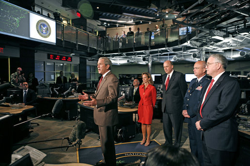 President George W. Bush addresses the media at the National Counterterrorism Center in McLean, Va., Aug. 15, 2006. Standing with President Bush are, from left: White House Homeland Security Advisor Frances Townsend; Director of National Intelligence John Negroponte; CIA Director Michael Hayden; and Director of the National Counterterrorism Center Vice Admiral John Scott Redd. White House photo by Paul Morse