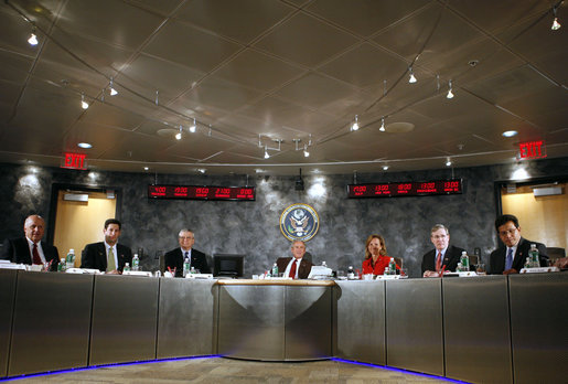 President George W. Bush meets with the Homeland Security Team at the National Counterterrorism Center in McLean, Va., Aug. 15, 2006. From left, they are: Director of National Intelligence John Negroponte; White House Deputy Chief of Staff Joel Kaplan; White House Chief of Staff Josh Bolten; White House Homeland Security Advisor Frances Townsend; National Security Advisor Stephen Hadley; and Attorney General Alberto Gonzales. White House photo by Paul Morse