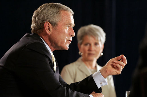 President George W. Bush addresses his remarks to an audience during his participation at a panel discussion Tuesday, Aug. 22, 2006, at the Minneapolis Marriott Southwest in Minnetonka, Minn., offering perspectives on efforts to enhance health care transparency and move towards a value-based health care competition. White House photo by Paul Morse