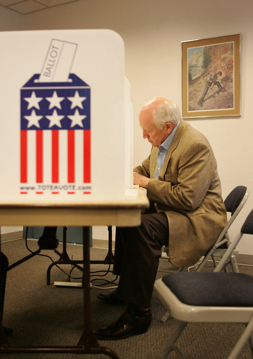 Vice President Dick Cheney votes in the Wyoming state primary election, Tuesday, August 22, 2006, at the fire station in his hometown of Wilson, Wyo. White House photo by David Bohrer