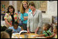 Mrs. Laura Bush meets and speaks with members of the Gorenflo Elementary School first grade class and their faculty Monday, Aug. 28, 2006, at their temporary portable classroom at the Beauvoir Elementary School in Biloxi, Miss. The students, whose school was damaged by Hurricane Katrina, are sharing the facilities of the Beauvoir school until their school’s renovations are complete. White House photo by Shealah Craighead