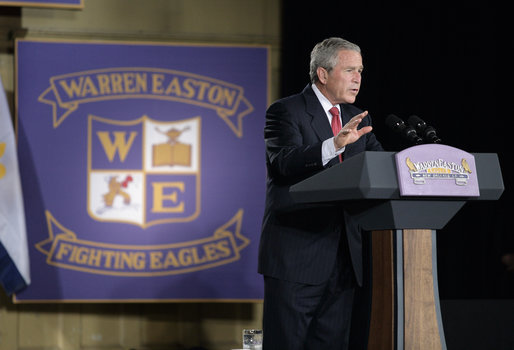 President George W. Bush addresses students, faculty and guests Tuesday, Aug. 29, 2006, at Warren Easton Senior High School in New Orleans on the importance of rebuilding schools and school libraries in hurricane ravaged communities, as the Gulf Coast region marked the one- year anniversary of Hurricane Katrina. White House photo by Eric Draper
