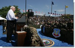 Vice President Dick Cheney addresses over 8,000 military and civilian personnel and their families, Tuesday, August 29, 2006, at Offutt Air Force Base in Omaha, Neb. "Every day you go on duty, you make this nation safer, and you show the world that the people who wear this country's uniform are men and women of skill, and perseverance, and honor," the Vice President said. "Standing here today, in the great American heartland, I want to thank each and every one of you for the vital work you do, and for your example of service and character."  White House photo by David Bohrer