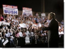 President George W. Bush speaks to a crowd of nearly 2000 people during an airport welcome at the Utah Air National Guard in Salt Lake City, Utah, Aug. 30, 2006.  White House photo by Eric Draper