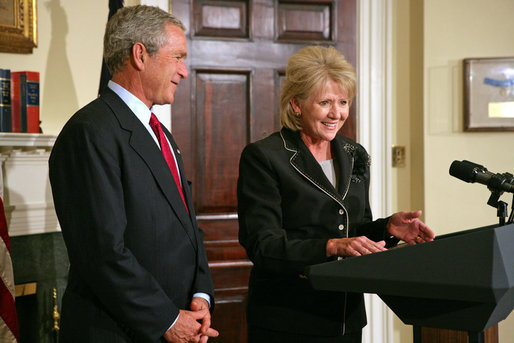 President George W. Bush's nominee for Secretary of Transportation Mary Peters addresses the media during the announcement in the Roosevelt Room Tuesday, Sept. 5, 2006. White House photo by Shealah Craighead