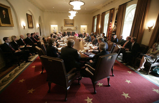 President George W. Bush meets with members of his Cabinet and staff Wednesday, Sept. 6, 2006, in the Cabinet Room at the White House, prior to the President's address to discuss the creation of military commissions to try suspected terrorists. White House photo by Eric Draper