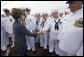 Mrs. Laura Bush shakes hands with sailors of the USS Texas Saturday, September 9, 2006, prior to touring the ship and participating in a Commissioning Ceremony in Galveston, Texas. White House photo by Shealah Craighead