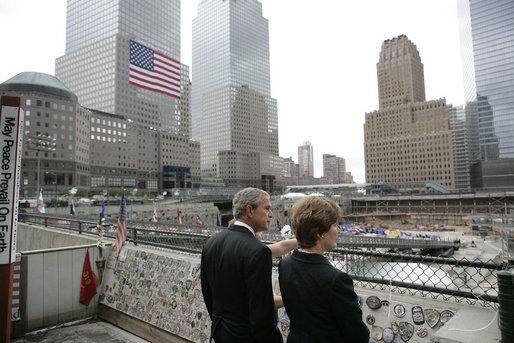 President George W. Bush and Laura Bush look over the World Trade Center site Sunday, September 10, 2006, during a visit to Ground Zero in New York City to mark the fifth anniversary of the September 11th terrorist attacks. White House photo by Eric Draper