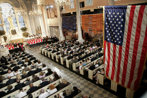 President George W. Bush and Laura Bush participate in the Service of Prayer and Remembrance at St. Paul’s Chapel near Ground Zero in New York City Sunday, September 10, 2006. Earlier in the day the President and Mrs. Bush visited the World Trade Center site to mark the fifth anniversary of the September 11th terrorist attacks. White House photo by Eric Draper
