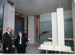 President Bush tours the Tribute WTC Visitor Center with Jennifer Adams, CEO of the September 11th Families Association, in New York City Sunday, September 10, 2006. Recently opened, the museum is located near Ground Zero.  White House photo by Eric Draper