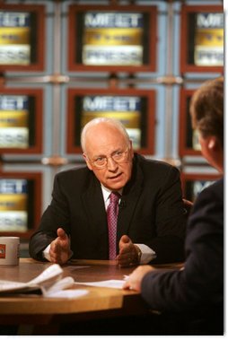 Vice President Dick Cheney is interviewed by Tim Russert during a taping of NBC's 'Meet the Press' at NBC studios in Washington, D.C., Sunday, September 10, 2006. White House photo by David Bohrer