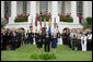 Vice President Dick Cheney and Lynne Cheney stand with former Prime Minister Margaret Thatcher of Great Britain for a moment of silence on the South Lawn September 11, 2006, to commemorate the fifth anniversary of the September 11th terrorist attacks. White House photo by Shealah Craighead