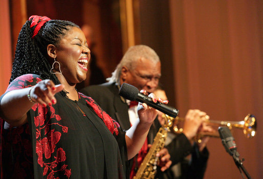 Jazz vocalist Lisa Henry and saxophonist Bobby Watson perform their version of "Kansas City" during the Thelonious Monk Institute of Jazz dinner Thursday night, Sept. 14, 2006, in the East Room of the White House. White House photo by Shealah Craighead