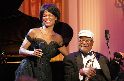 Vocalist Nnenna Freelon and musician Clark Terry perform Thursday, Sept. 14, 2006, in the East Room of the White House during the Thelonious Monk Institute of Jazz dinner. White House photo by Shealah Craighead