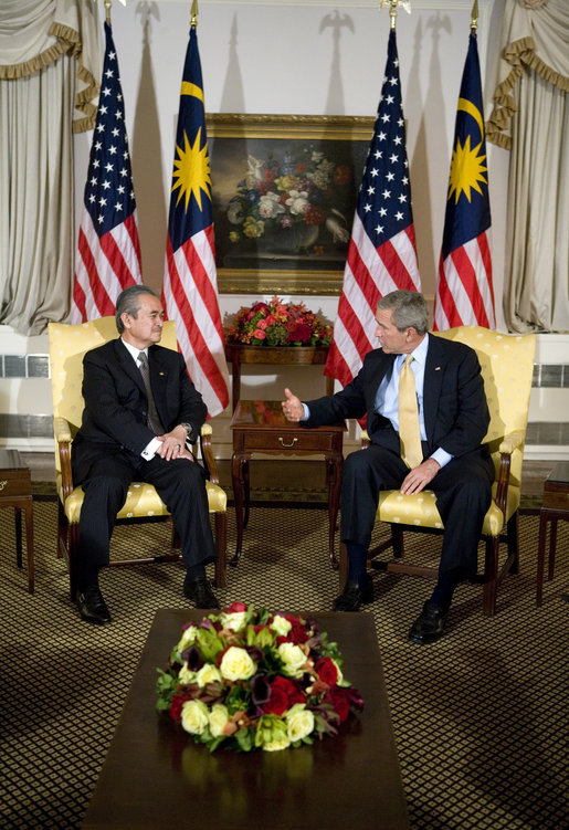 President George W. Bush meets with Prime Minister Abdullah bin Ahmad Badawi of Malaysia, Monday, Sept. 18, 2006, during the President's visit to New York City for the United Nations General Assembly. White House photo by Eric Draper